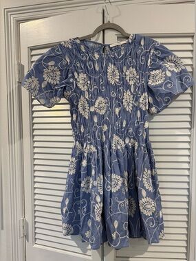 Ellison Blue Mini Dress with White Floral Embroidery